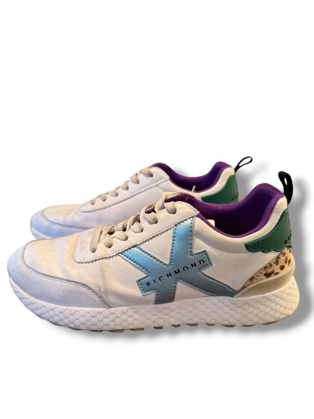 John Richmond White/Celeste/Purple/Green Color Block Leather Sneaker Size 38 - Picture 2 of 9